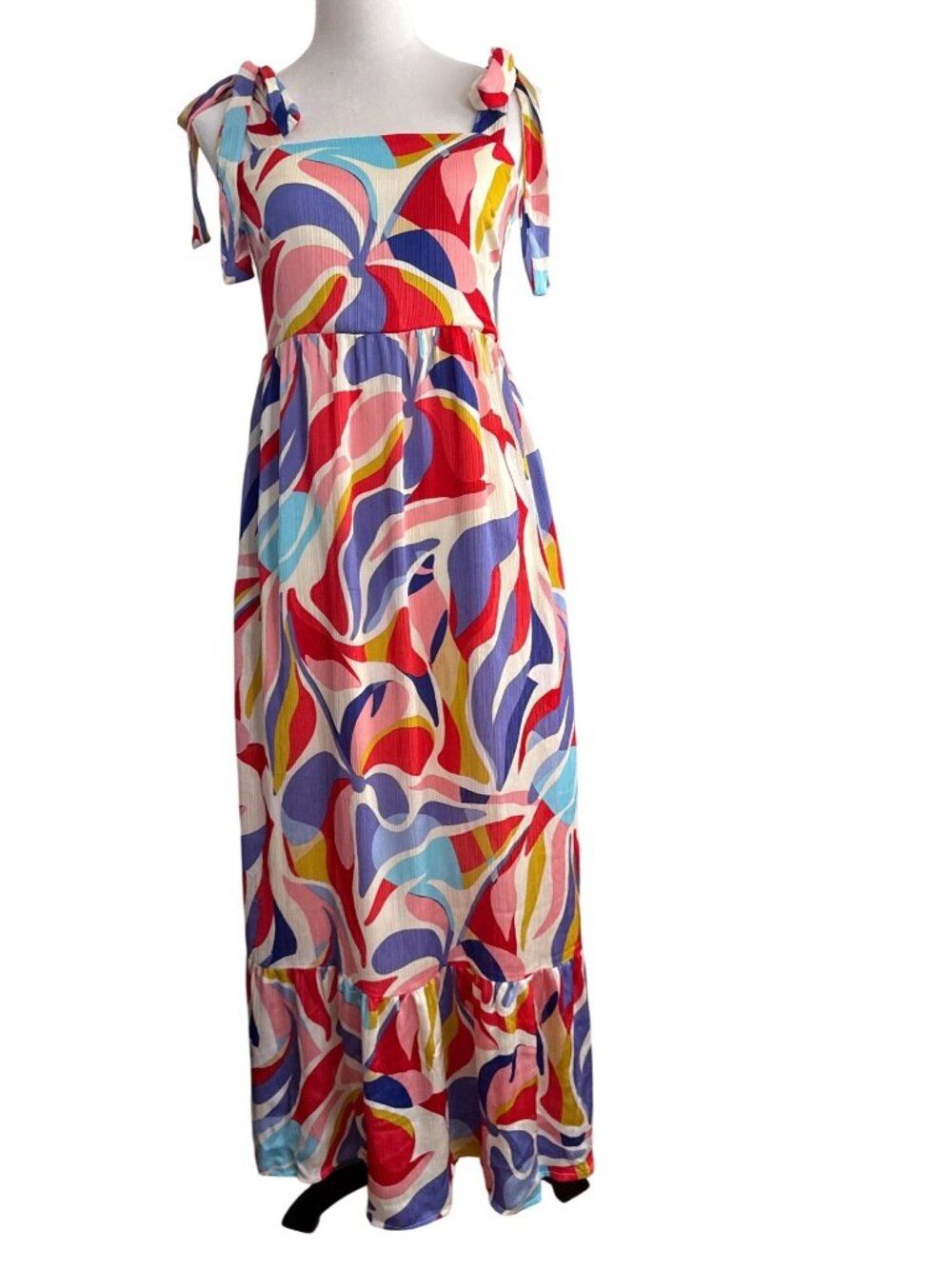 Jade Melody Abstract Swirl Tie Shoulder Adjustable Tie Straps Dress Ruffle Hem S